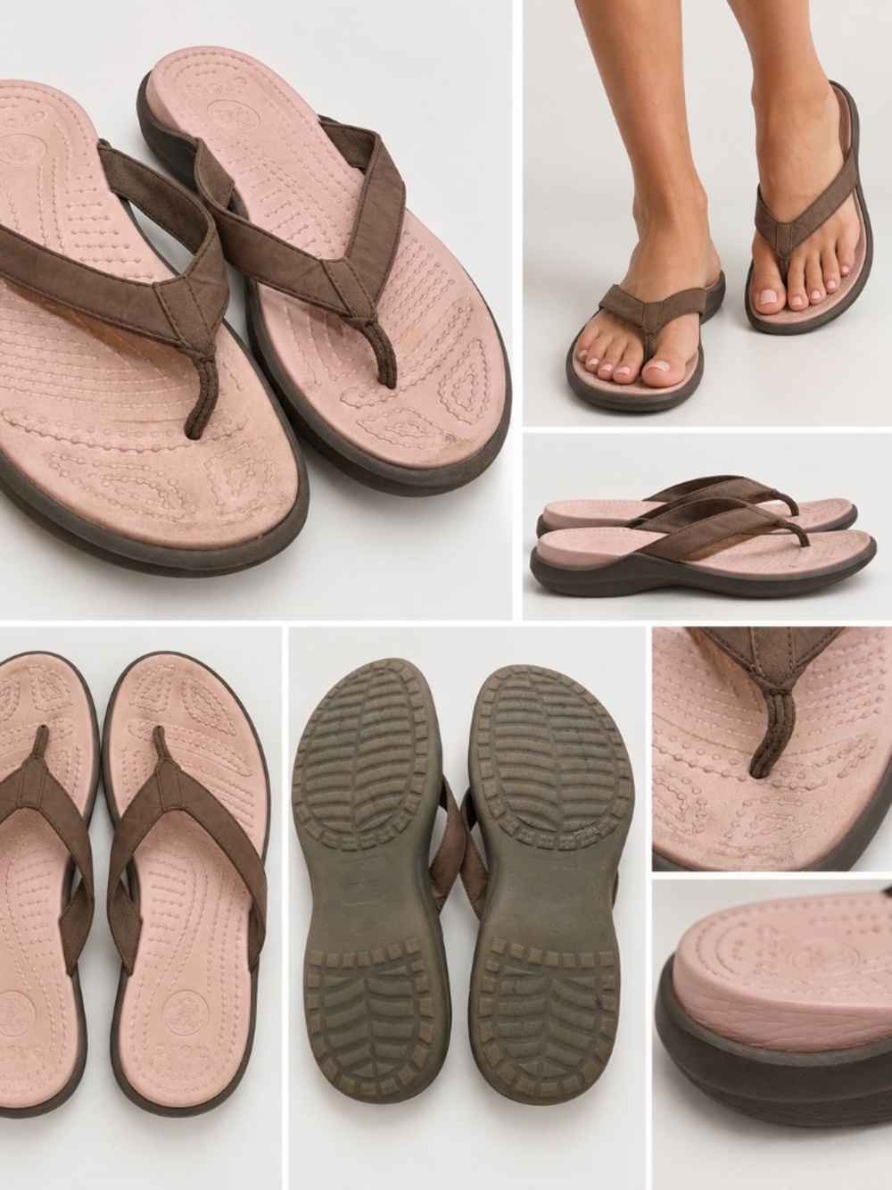 CROCS Flip Flops Womens Size 8 Brown Leather Upper Sandals Casual Beach
